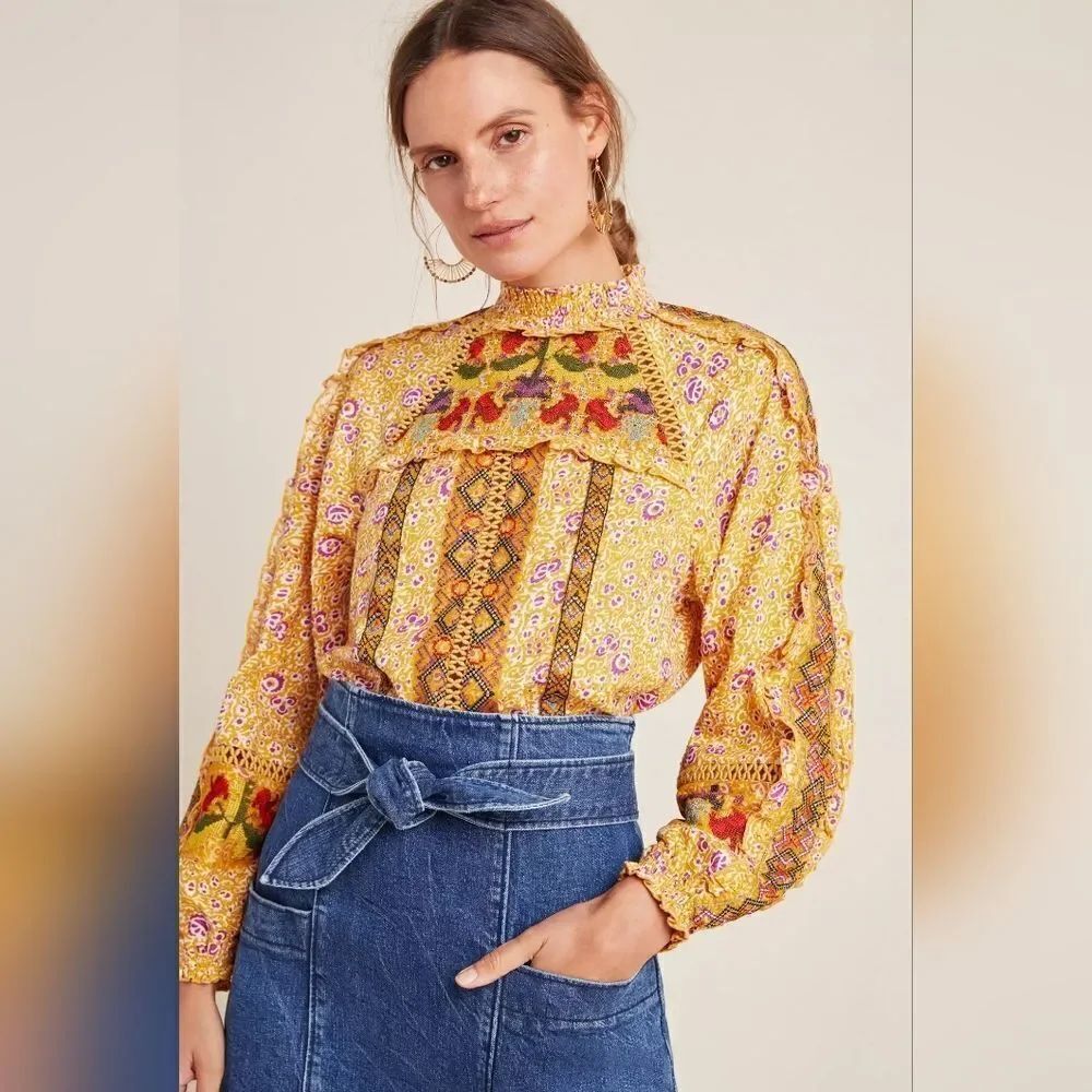 Maeve Anthropologie Floral Embroidered Bohemian Coastal Cowgirl Eclectic Top 6